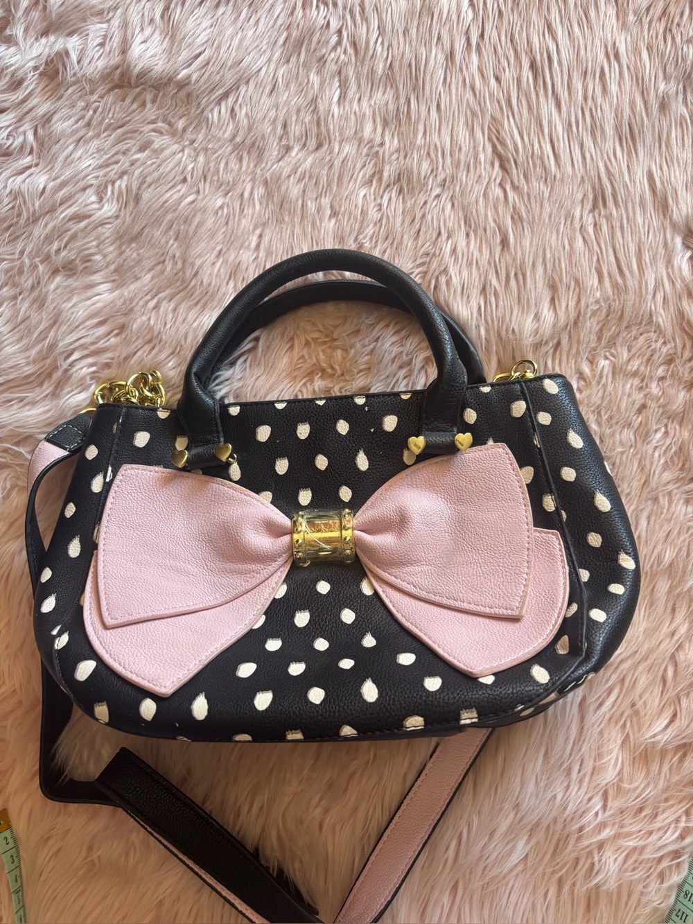 Women's Black Polka Dot Satchel with Pink Bow Accent